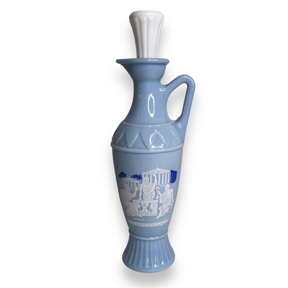 Vintage 1961 Jim Beam Grecian Style Blue Milk Glass Decanter Cork Lid Plato - Picture 2 of 13